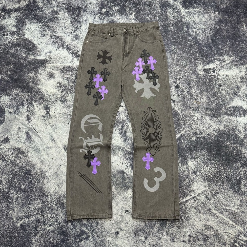 Gray Jeans with Purple and Black Graphic Design